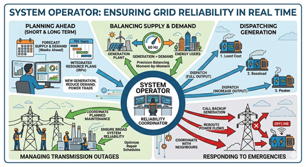 Infographic titled "System Operator: Ensuring Grid Reliability in Real Time." A diagram showing five key functions of a system operator/reliability coordinator: Planning Ahead (forecasting supply and demand, integrated resource plans); Balancing Supply and Demand (maintaining generation equal to demand at 60 Hz); Dispatching Generation (least cost, baseload, and peaker units); Managing Transmission Outages (coordinating maintenance and optimizing repair schedules); and Responding to Emergencies (calling backup generation, rerouting power flows, and coordinating with neighbours). A central illustration of a system operator at a control console connects all five functions.